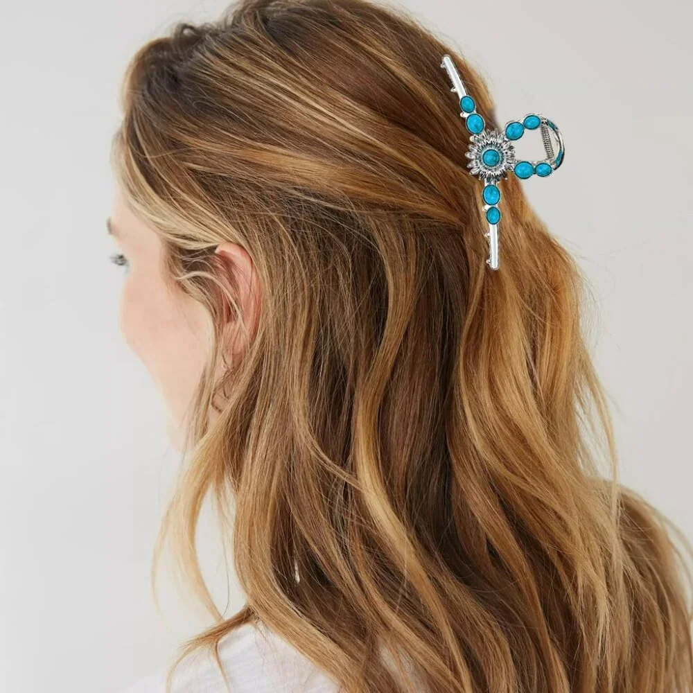 2 Turquoise Blue Stone‎ Sun Hair Claw Clip Metal Retro Style Hairpin Hair Clip